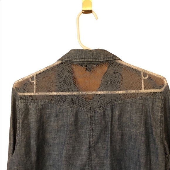 Chambray lace Boho western denim button up shirt coastal cowgirl pearl buttons - Picture 6 of 9